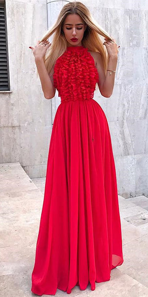 Halter Red Chiffon Prom Dresses, Ruffled Prom Dresses, Long Prom Dresses, Newest Prom Dresses
