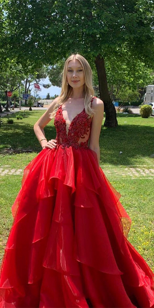 Deep V-neck Red Organza Lace Prom Dresses, New Arrival Prom Dresses, Long Prom Dresses