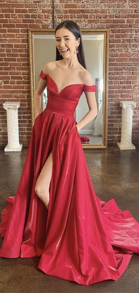 Off Shoulder Long A-line Side Slit Red Prom Dresses, A-line Prom Dresses, 2020 Prom Dresses