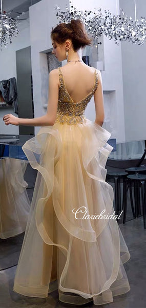 V-neck Long A-line Tulle Rhinestone Prom Dresses, New Claire Design Prom Dresses, Long Prom Dresses