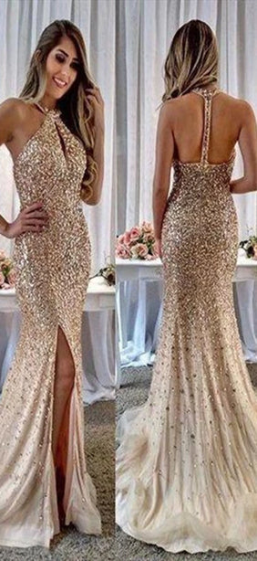 Luxury Rhinestone Beaded Long Mermaid Prom Dresses Champagne Gold Prom Dresses