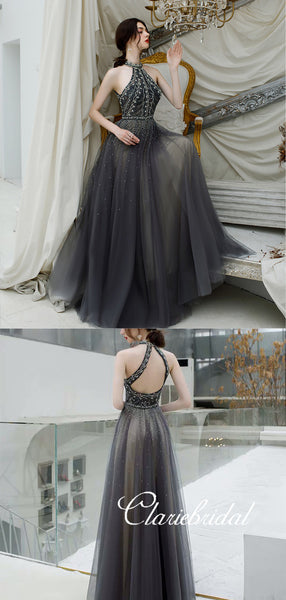 New Claire Design Dark Grey Rhinestone Beaded Long Prom Dresses, Chic Prom Dresses