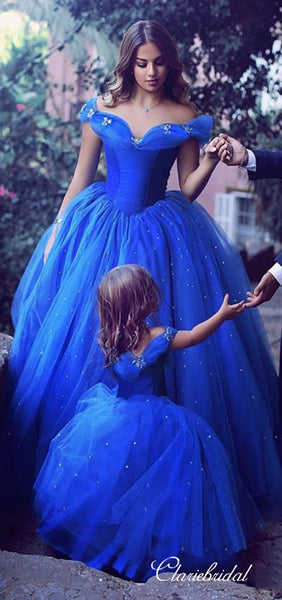 Off Shoulder Ball Gown Royal Blue Tulle Beaded Flower Girl Dresses