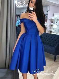 Off Shoulder Royal Blue Homecoming Dresses, Satin Short Prom Dresses