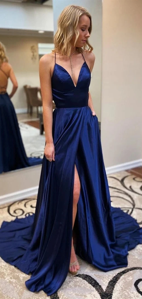 blue prom dresses with slits up the side Stunning Mermaid V Neck Royal Blue Prom Dresses with Slit VK22022401 Vickidress