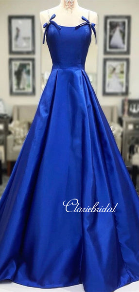 Beaded Straps Long A-line Royal Blue Satin Prom Dresses, Simple Satin Prom Dresses, Long Prom Dresses