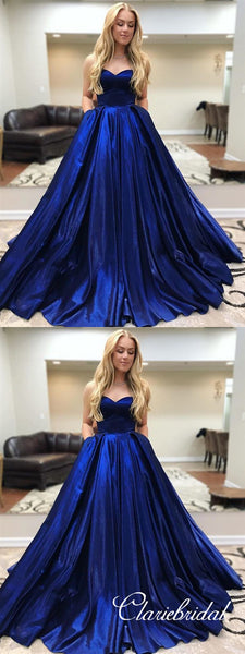 Sweetheart Long A-line Royal Blue Satin Prom Dresses, Long Prom Dresses, Prom Dresses