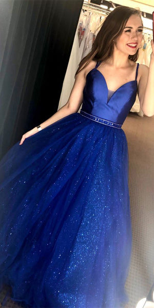 Royal Blue Satin Tulle Prom Dresses, Long Prom Dresses, Shiny Tulle Saprkle Prom Dresses
