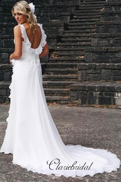 Ruffled Neckline White Chiffon Wedding Gowns, Simple Cheap Wedding Dresses 2019