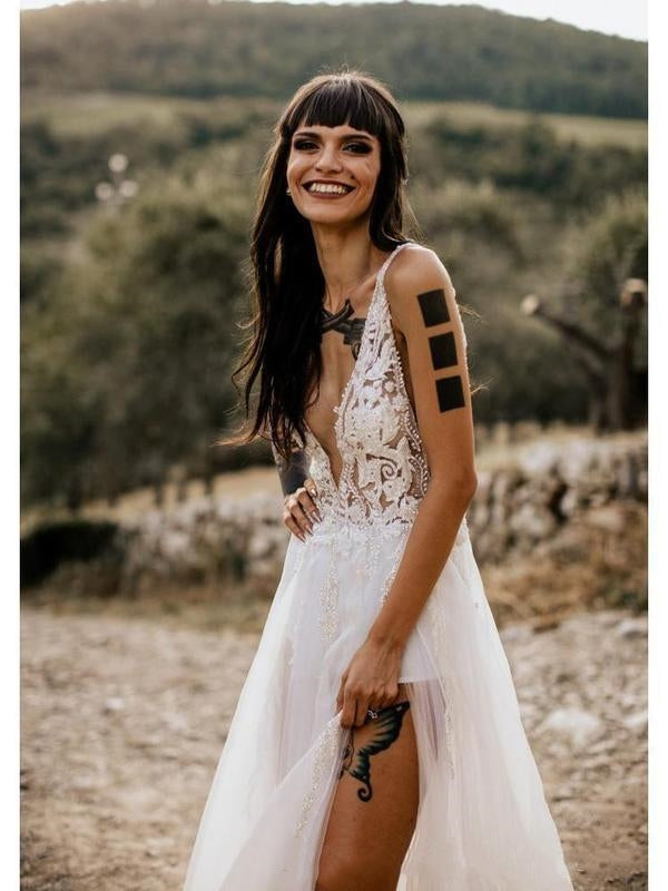 Deep V-neck Lace Tulle Wedding Dresses, Side Slit Sexy Wedding Gown, B ClaireBridal Deep V-neck Lace Tulle Wedding Dresses, Side Slit Sexy Wedding Gown, B ClaireBridal