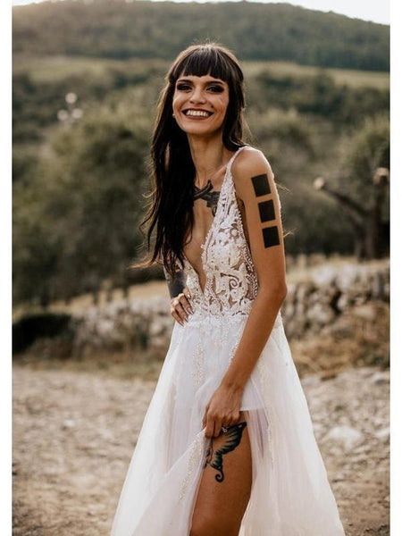 Deep V-neck Lace Tulle Wedding Dresses, Side Slit Sexy Wedding Gown, Beaded Boho Wedding Dresses