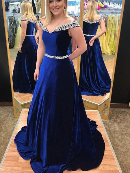 Off Shoulder Royal Blue Velvet Beaded Prom Dresses, Long Prom Dresses