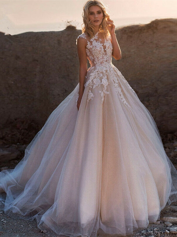 Sleeveless Lace Tulle Blush Champagne Wedding Dresses, Gorgeous 2020 W – ClaireBridal