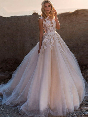 Sleeveless Lace Tulle Blush Champagne Wedding Dresses, Gorgeous 2020 Wedding Dresses, Bridal Gown