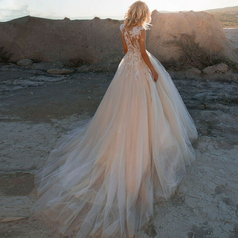 champagne pink wedding dress Sleeveless Lace Tulle Blush Champagne Wedding Dresses, Gorgeous 2020 W –  ClaireBridal