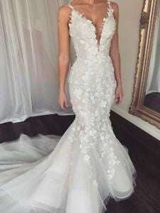 Spaghetti Long Mermaid Lace Tulle Wedding Dresses, Sexy Mermaid Wedding Dresses, Bridal Gown
