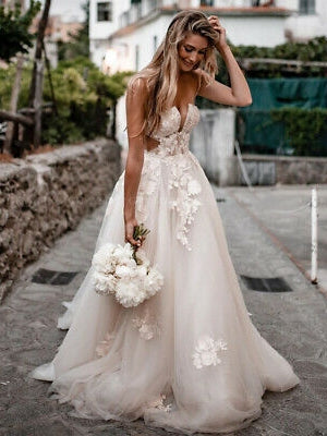 Strapless Long A-line Ivory Lace Tulle Wedding Dresses, Romantic Wedding Gown, Long Wedding Dresses