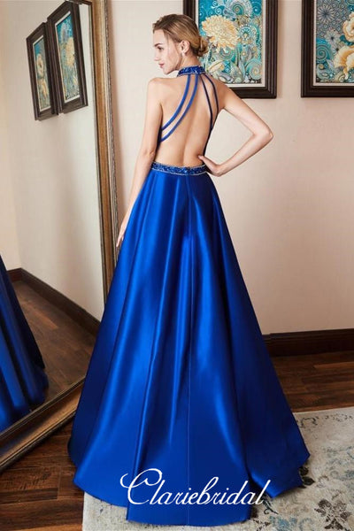 Satin Royal Blue Prom Dress,Beaded Halter Neckline Prom Dresses, Fashion Prom Dresses