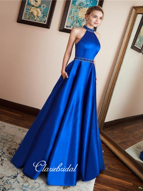 Satin Royal Blue Prom Dress,Beaded Halter Neckline Prom Dresses, Fashi – ClaireBridal