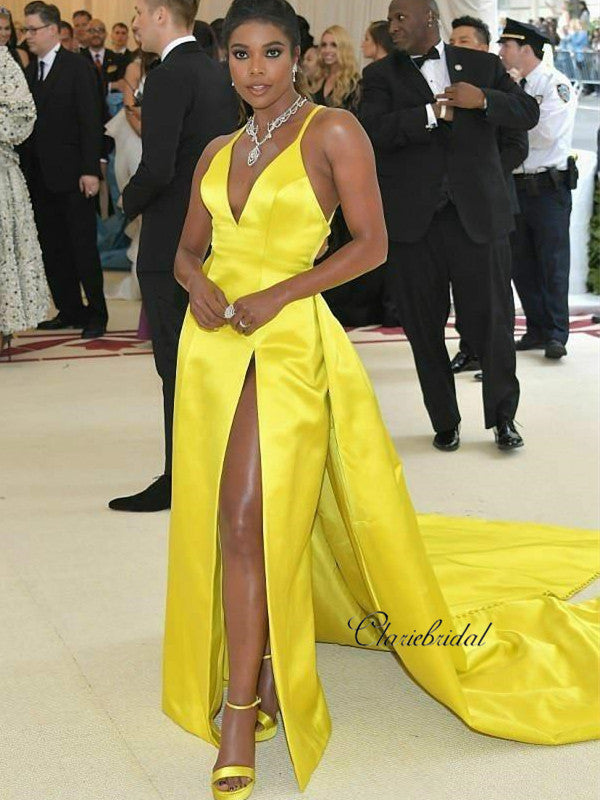 Yellow Unique Celebrity Prom Dress, Popular Satin Prom Dresses, V-neck Prom Dresses