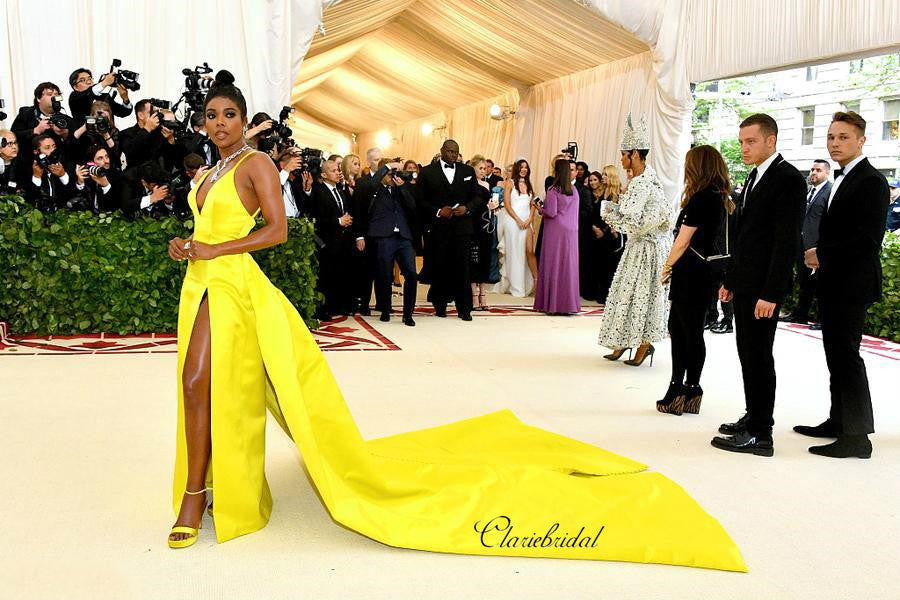 Yellow Unique Celebrity Prom Dress, Popular Satin Prom Dresses, V-neck –  ClaireBridal