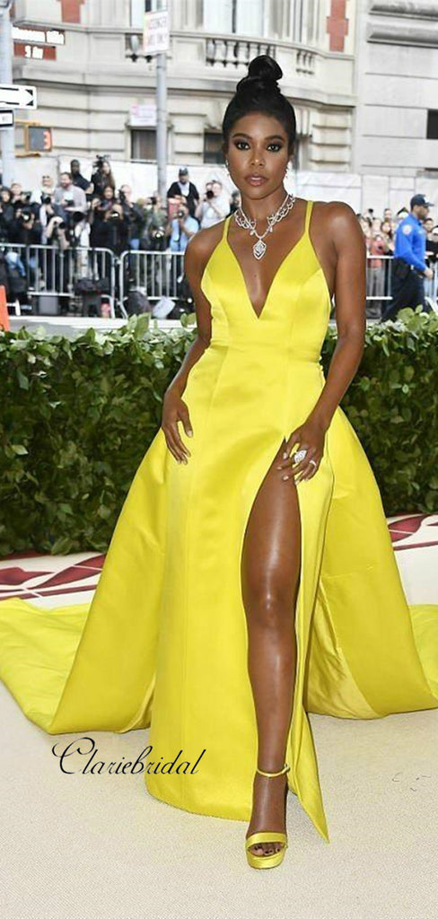 Yellow Unique Celebrity Prom Dress, Popular Satin Prom Dresses, V-neck ClaireBridal Yellow Unique Celebrity Prom Dress, Popular Satin Prom Dresses, V-neck ClaireBridal