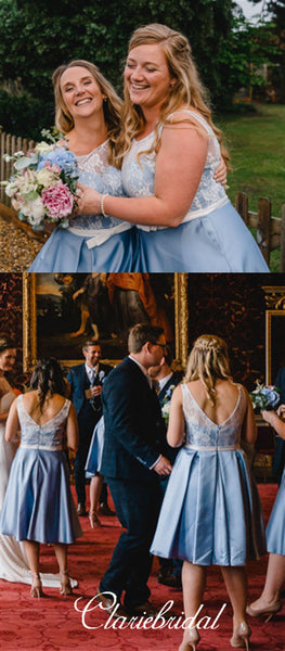 Lace Top Blue Satin Short Bridesmaid Dresses