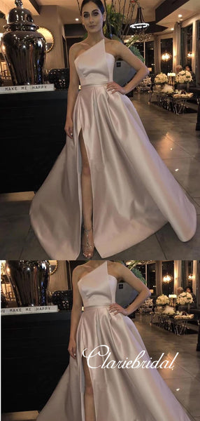 Strapless Long A-line Satin Side Slit Prom Dresses, Gorgeous Prom Dresses, Long Prom Dresses