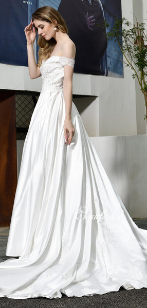 Off Shoulder Long A-line Satin Lace Wedding Dresses, Beaded Wedding Dresses, Long Wedding Dresses