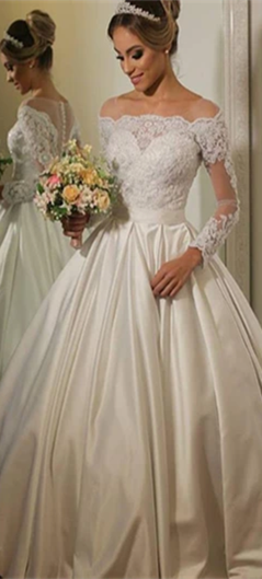 Off Shoulder Long Sleeves Wedding Dresses, Ivory Wedding Dresses, Lace Wedding Dresses