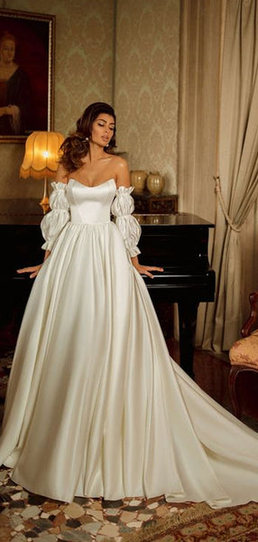 Sweetheart Satin Wedding Dresses With Separately Bubble Sleeves, Elegant Long Wedding Dresses, Popular 2021 Wedding Dresses