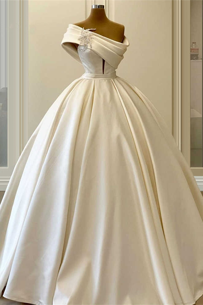 One Shoulder Ivory Satin Wedding Dresses, Simple Elegant Long Wedding   ClaireBridal