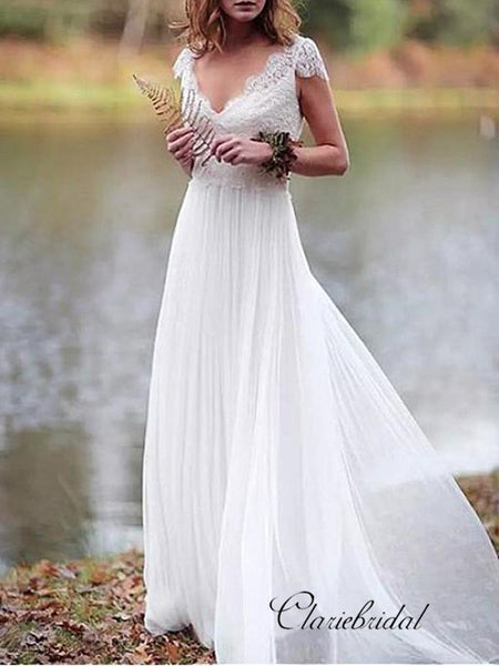 Cap Sleeves V-neck Summer Wedding Dresses, Newest Popular Lace Wedding Dresses