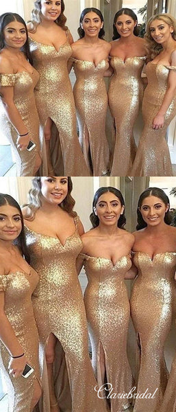 Off Shoulder Gold Sequin Side Slit Long Bridesmaid Dresses