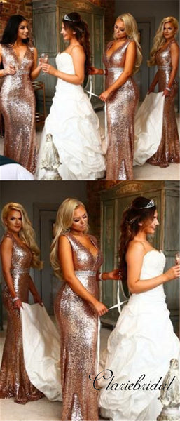 V-neck Sequin Mermaid Bridesmaid Dresses, Beaded Bridesmaid Dresses