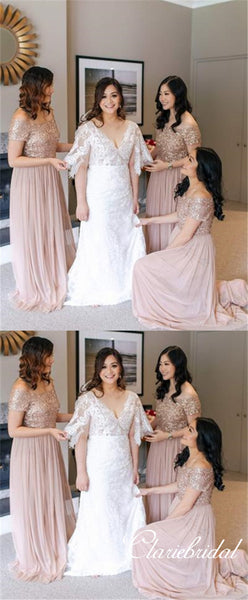 Off Shoulder A-line Short Sleeves Chiffon Sequin Long Bridesmaid Dresses