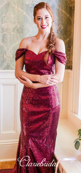 Off Shoulder Long Mermaid Burgundy Sequin Long Bridesmaid Dresses