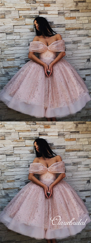 Off Shoulder Rose Gold Sequin Tulle Fluffy Homecoming Dresses ClaireBridal