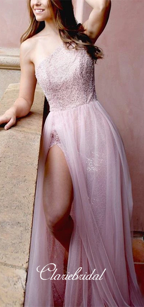 One Shoulder Pink Sequin Tulle Prom Dresses, High Slit Prom Dresses, Long Prom Dresses, 2020 Prom Dresses