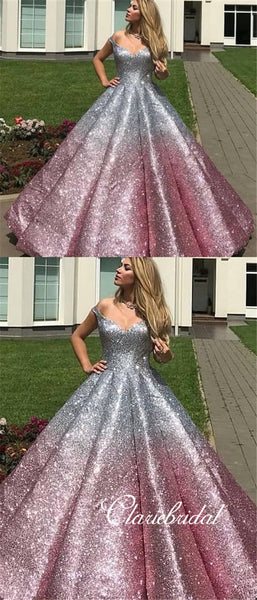Off Shoulder Long Ball Gown Silver-Pink Sequin Prom Dresses, Ball Gown, Long Prom Dresses, 2020 Prom Dresses