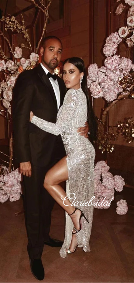 long sleeve silver sequin prom dress Long Sleeves Silver Sequin Prom Dresses, Sexy Side Slit Prom Dresses, –  ClaireBridal