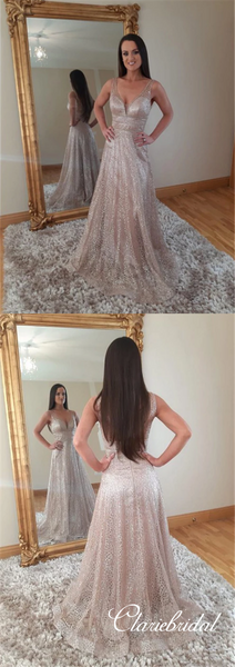 V-neck Sequin Tulle Long Prom Dresses, A-line Prom Dresses, Newest Prom Dresses