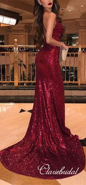Sexy Long Mermaid Red Sequin Prom Dresses, Side Slit Prom Dresses, Long Prom Dresses, Affordable Prom Dresses