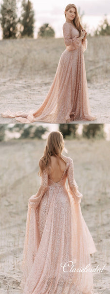 V-neck Long Sleeves Bling Sequin Tulle Prom Dresses, Long Prom Dresses