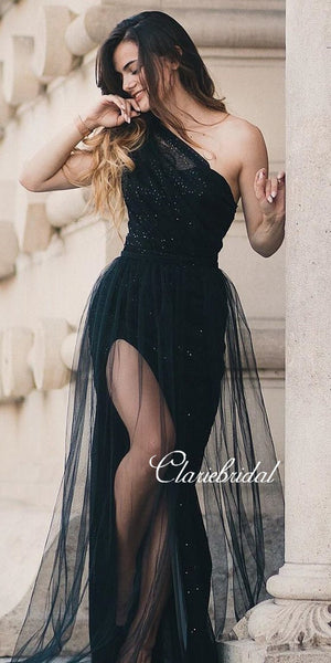 One Shoulder Long Sequin Tulle Prom Dresses, Black Prom Dresses, Affordable Prom Dresses