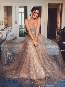 Straps A-line Shint Sequin Beaded Prom Dresses, Popular Long Prom Dresses, Prom Dresses