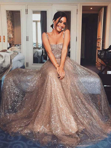 Straps A-line Shint Sequin Beaded Prom Dresses, Popular Long Prom Dresses, Prom Dresses