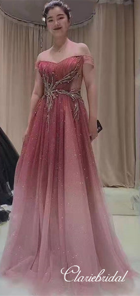 Off Shoulder Long A-line Gradient Sequin Tulle Prom Dresses, Shiny Long Prom Dresses, New 2020 Prom Dresses