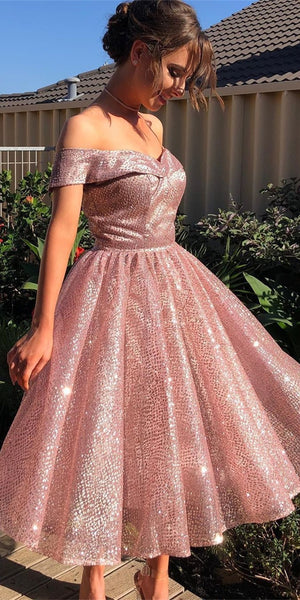 Off Shoulder Rose Gold Sequin Tulle Homecoming Dresses, Short Prom Dresses, Shiny Homecoming Dresses