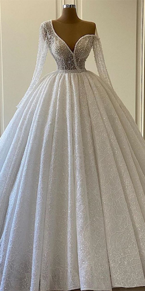 Gorgeous Sequin Lace Long Ball Gown Wedding Dresses, Long Sleeves Wedding Dresses, 2021 Wedding Dresses